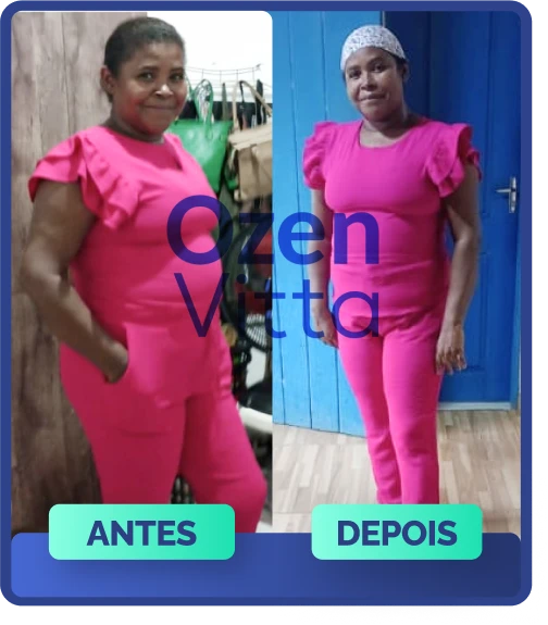 Antes e depois com Ozenvitta: mulher exibe transformação visível após 3 meses de uso do suplemento natural para emagrecimento saudável.