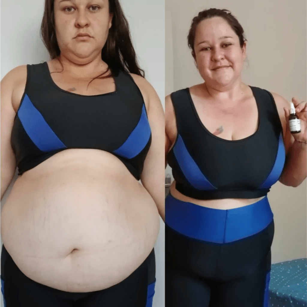 Comparação de emagrecimento antes e depois do uso de Mounjax em gotas.
