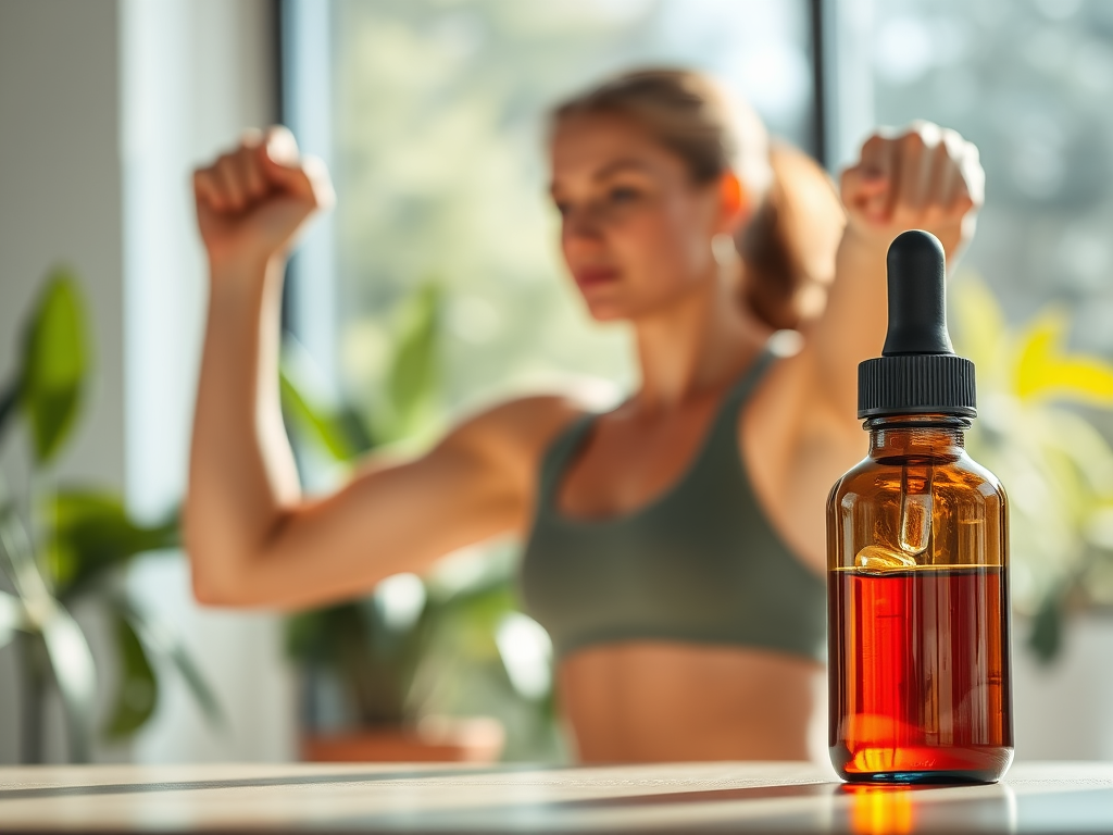 Pessoa se exercitando ao ar livre ao lado de suplemento natural em gotas para bem-estar e emagrecimento.