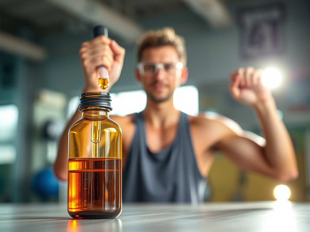 Suplemento natural em gotas posicionado ao lado de pessoa praticando atividade física e cuidando da saúde.