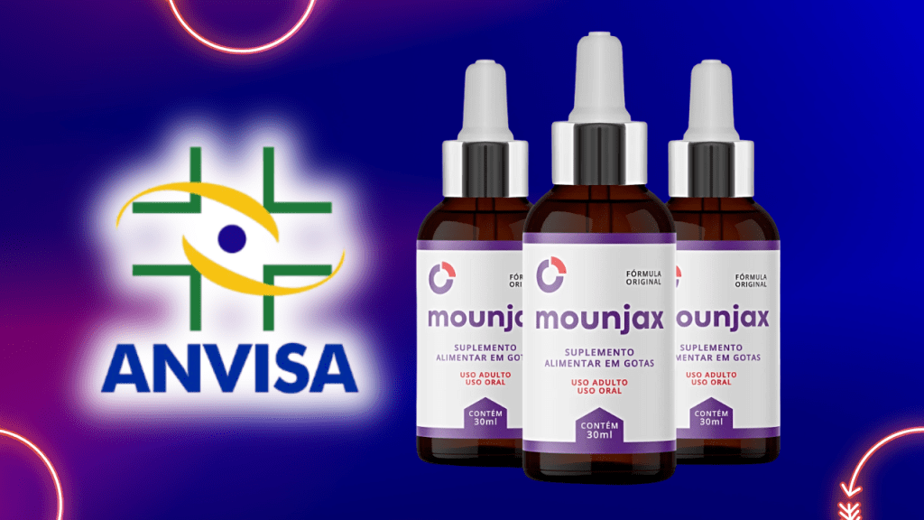 Imagem de frasco de suplemento em gotas Mounjax, com rótulo destacando a aprovação da Anvisa, simbolizando segurança e eficácia para emagrecimento saudável.
