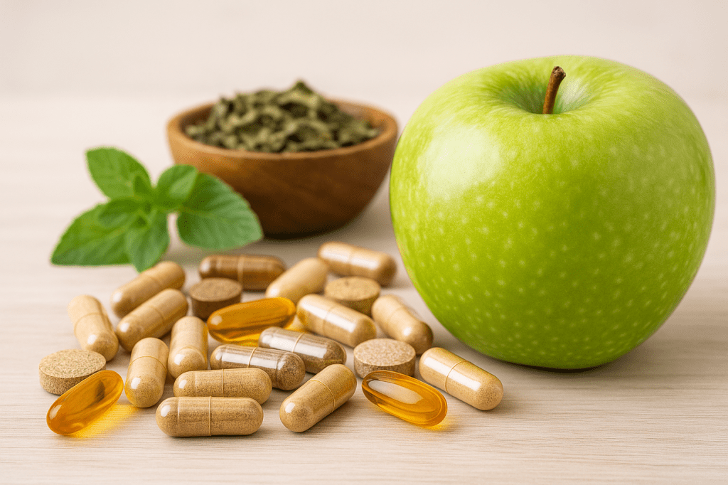 Cápsulas de suplementos naturais ao lado de uma maçã verde, folhas de hortelã e um pote com ervas secas sobre uma mesa de madeira clara, representando saúde e bem-estar.