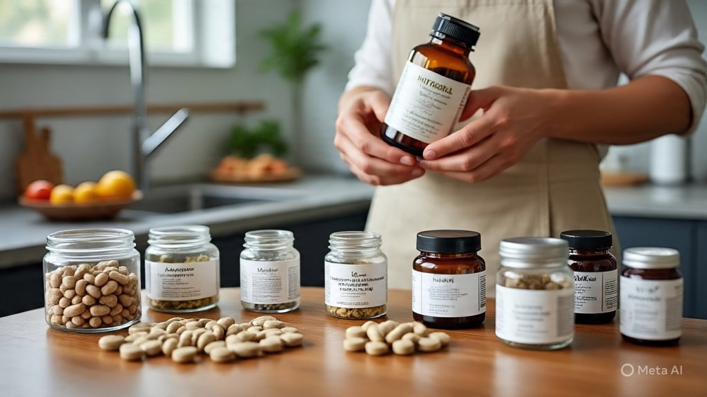 Frasco de suplemento natural sobre uma bancada com folhas verdes ao redor, representando produtos à base de ingredientes naturais.